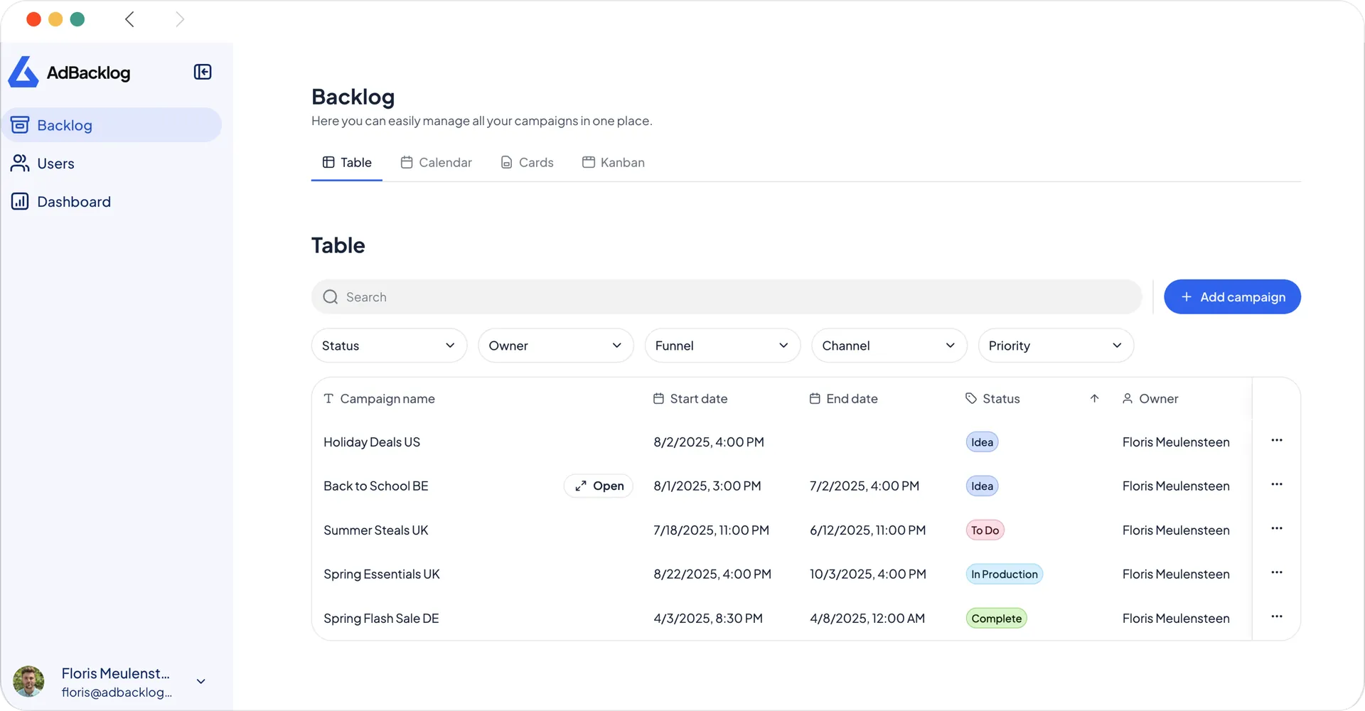 AdBacklog - Main product screenshot